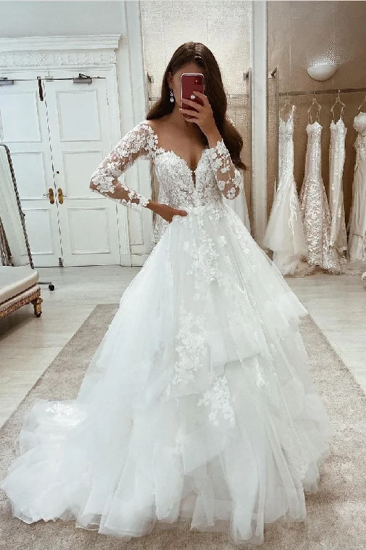 Floral Lace Tulle Bridal Dresses with Sleeves 2022