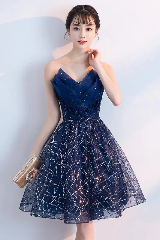 Navy Blue A Line Strapless Sequined Short Homecoming Dresses DMC54