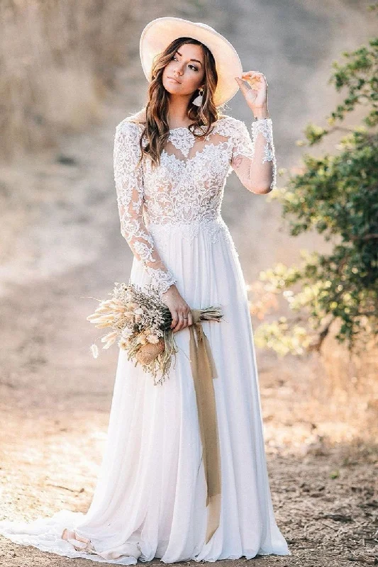 Illusion Lace Long Sleeves Bridal Dress for Beach Wedding