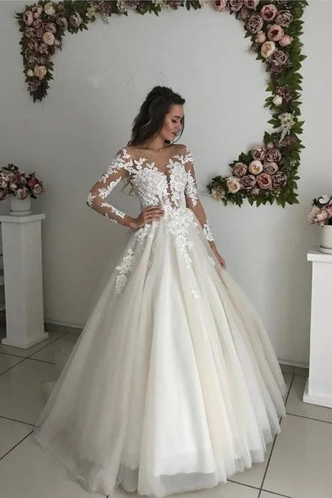 Floral Lace Long Sleeves Bride Dress Tulle Skirt