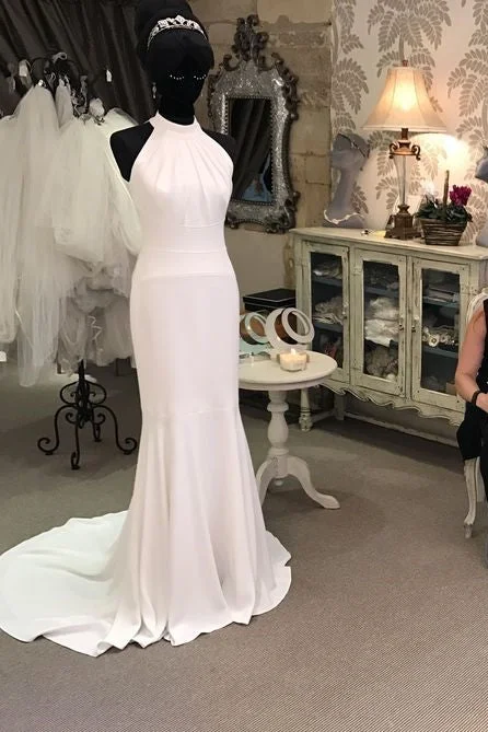 Feminine High Neck Sheath Bride Dresses Custom Made