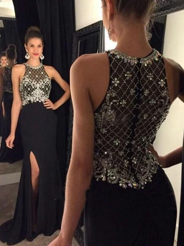 sheath Sleeveless Scoop Crystal Chiffon Sweep Train Prom Evening Dress-318086