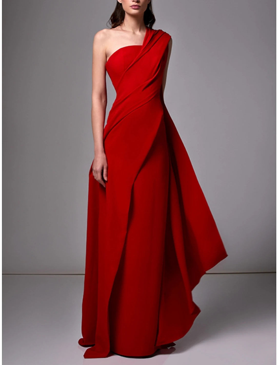 Sheath / Column Evening Gown Christmas Red Green Dress Elegant Dress Formal Sweep / Brush Train Sleeveless One Shoulder Stretch Chiffon with Pleats Ruched Sheath / Column Evening Gown Christmas Red Green Dress Elegant Dress Formal Sweep / Brush Train Sleeveless One Shoulder Stretch Chiffon with Pleats Ruched