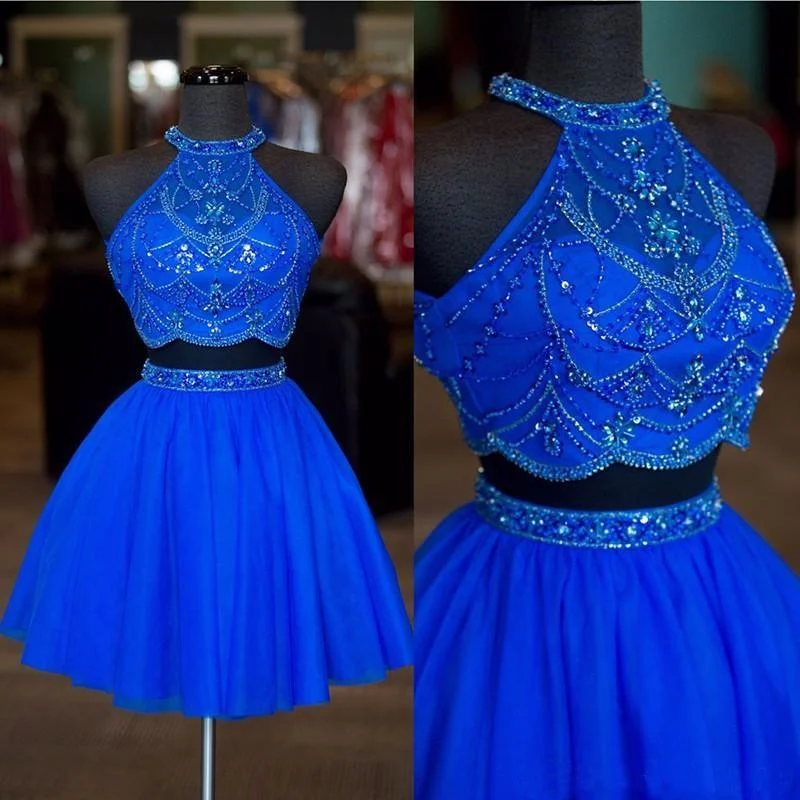Halter Two Pieces Beaded Royal Blue A-line Tulle Mini Short Homecoming Dresses DMC14 Halter Two Pieces Beaded Royal Blue A-line Tulle Mini Short Homecoming Dresses DMC14