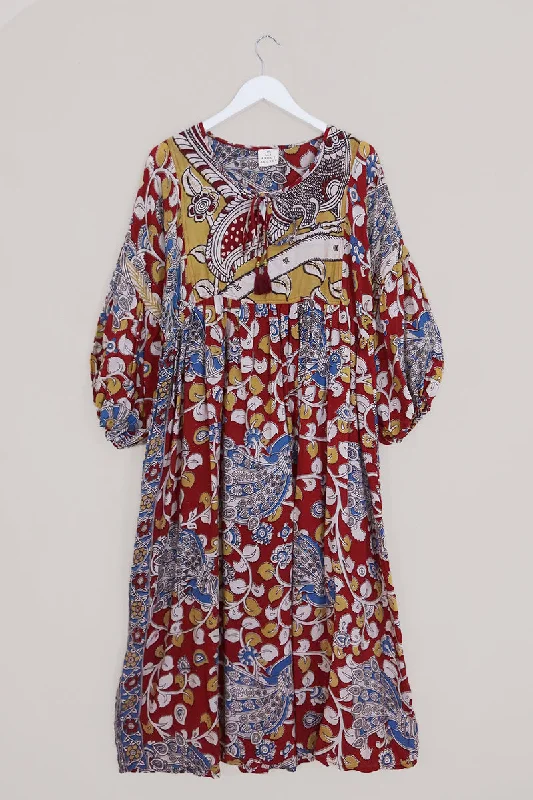 Daisy Maxi Smock Dress - Vivid Red Vintage Floral - Vintage Cotton - Size M/L