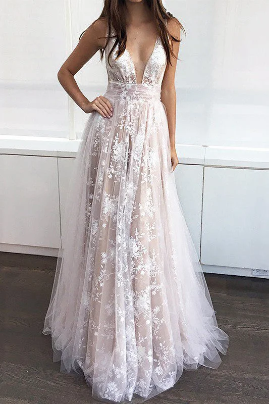 A-Line Lace Tulle V-neck Sleeveless Deep-V Back Prom Evening Dress-333870