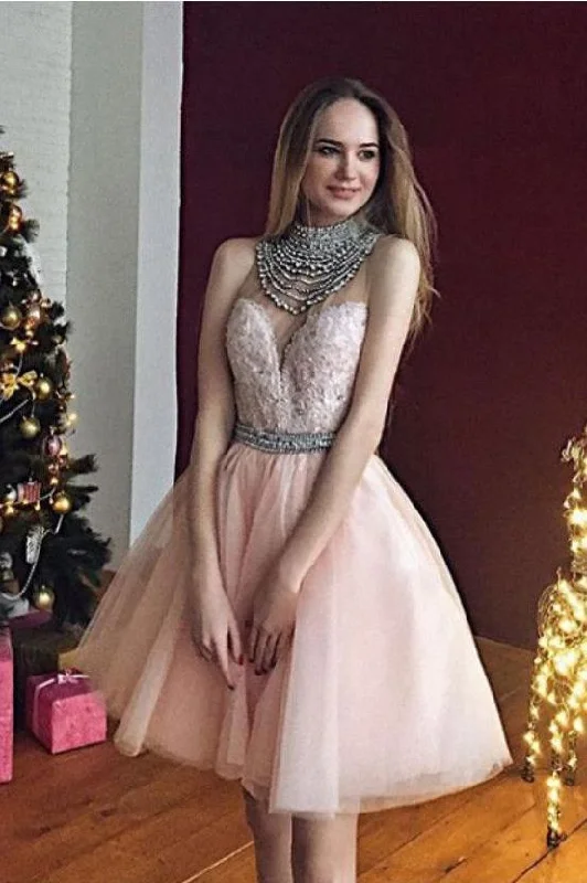 Chic Pearl Pink A Line Appliques Beading Short Homecoming Dress DMB51