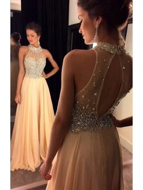 A-line Sleeveless Chiffon Crystal High Neck Sweep Train Prom Evening Dress-318083