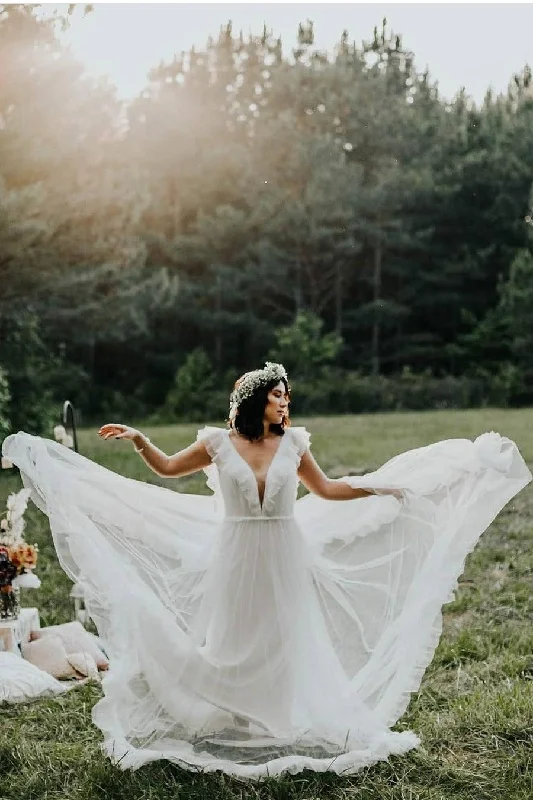 Flounced V-neck Tulle Bridal Dresses 2022 Spring