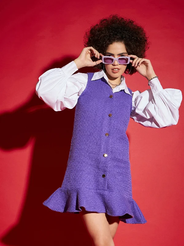Lyush Women Purple Tweed Front Button Frill Hem Dress