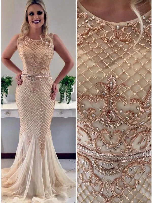 Trumpet/Mermaid Scoop Sweep Train Tulle Rhine Stone Beaded Evening Dresses 2825