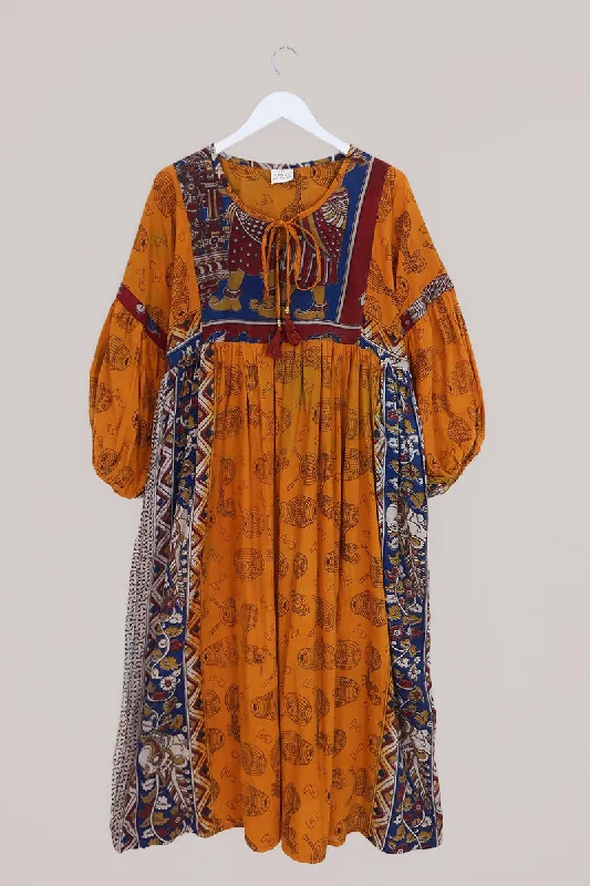 Daisy Maxi Smock Dress - Honey Bee Yellow Musical Block Print - Vintage Cotton - Size M/L