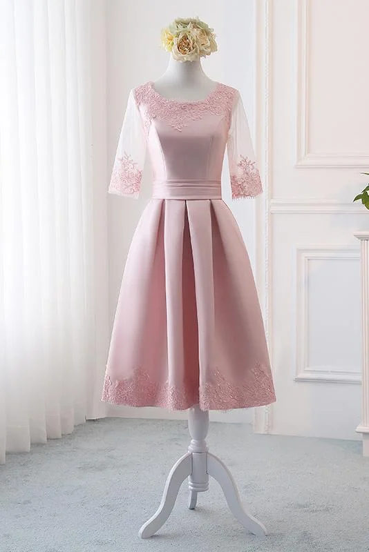 Pink Satin A Line Half Sleeves Lace Appliques Short Homecoming Dresses DMC4