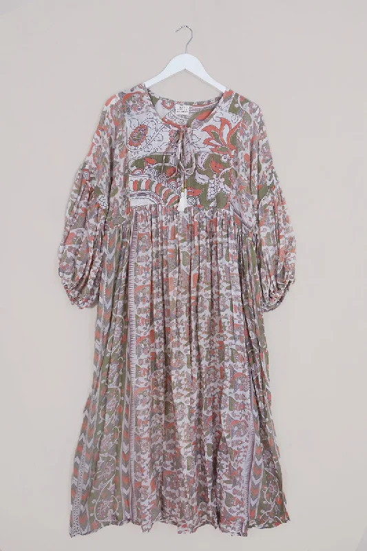 Daisy Maxi Smock Dress - Faded Olive & Orange Dancers - Vintage Cotton - Size M/L