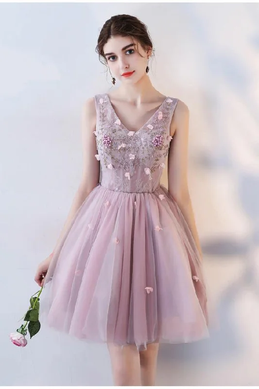Pink A Line V Neck Flowers Short Homecoming Dresses,Mini School Dress DMC63