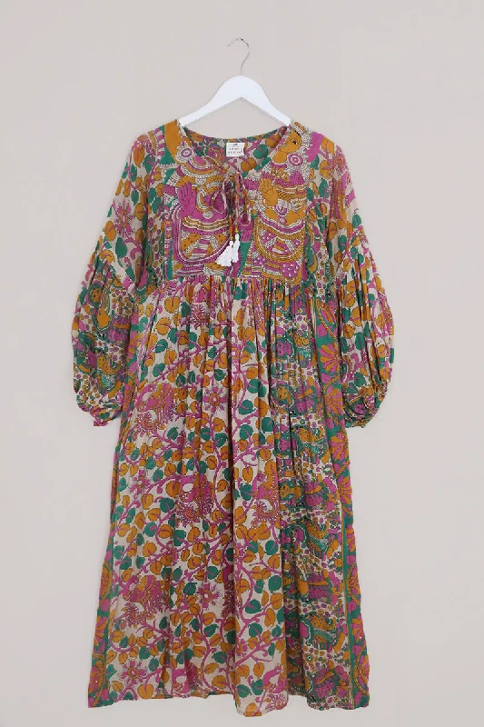 SALE Daisy Maxi Smock Dress - Gold, Jade & Pink Mural - Vintage Cotton - Size S/M