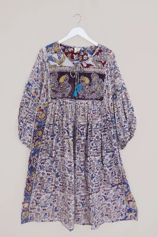 Daisy Midi Smock Dress - Vintage Cotton - Antique White Flora & Fauna - Size L/XL