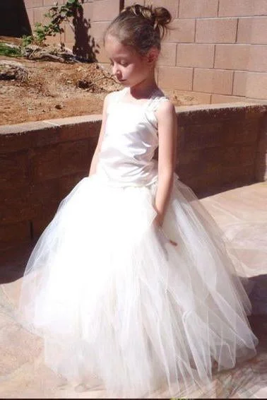 A-Line Square Lace-Up Tulle Ball Gown Long Flower Girl Dress DMC50