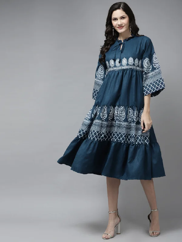 Women's Blue Printed Dress With Ruffle Detailing - Bhama