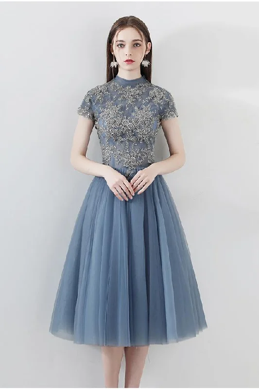 Blue A Line Tulle Short Sleeves High Neck Appliques Homecoming Dresses DMC5