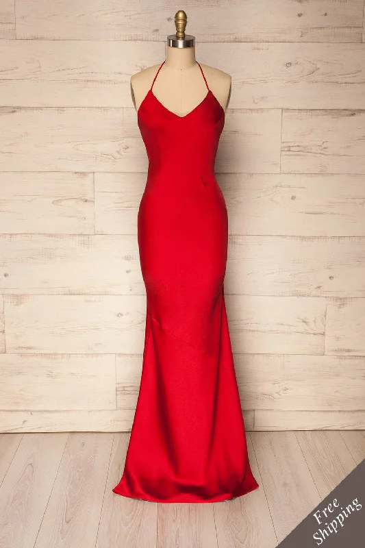Jude Red | Backless Silky Halter Dress