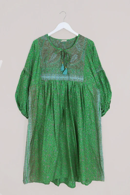 Daisy Midi Smock Dress - Vintage Cotton - Antique Emerald Floral - Size L/XL