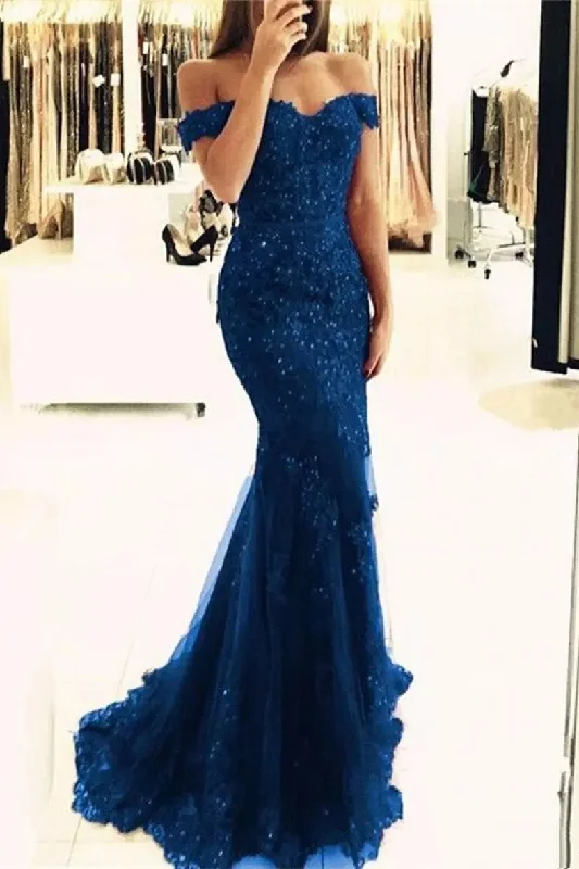 Off-the-shoulder Cap Short Sleeve Sweep/Brush Train Lace Tulle Trumpet Prom Evening Dress-334046