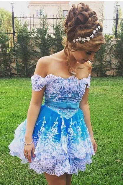 Off Shoulder Lace Appliques Short Prom Gown, Cute Homecoming Dress DMC44
