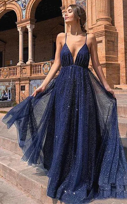 Sequins Floor-length Sweep Train A Line Sleeveless Casual Prom Evening Dress-334333