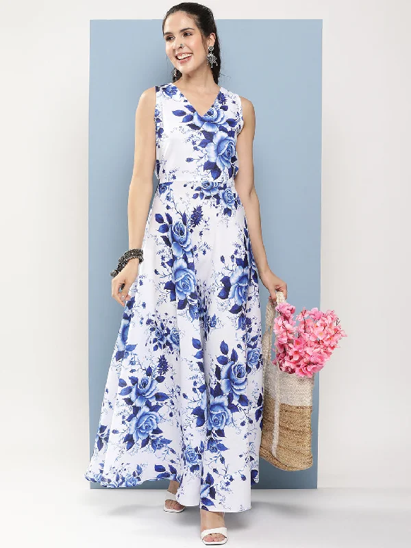 Women's White & Blue Printed Long Dress With Waist Belt - Bhama