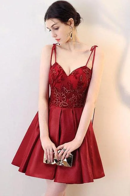 Burgundy V Neck A Line Satin Straps Short Homecoming Dresses DMC30