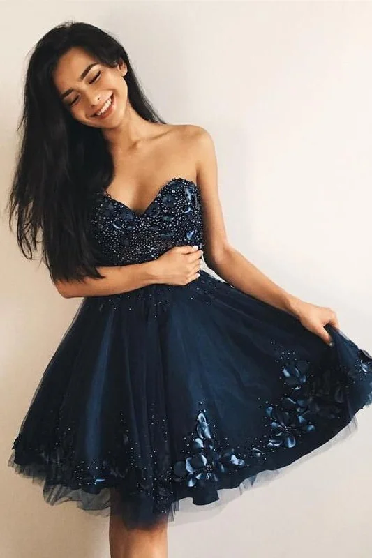 Cheap A-Line Sweetheart Navy Blue Tulle Short Homecoming Dress with Beading DMC40