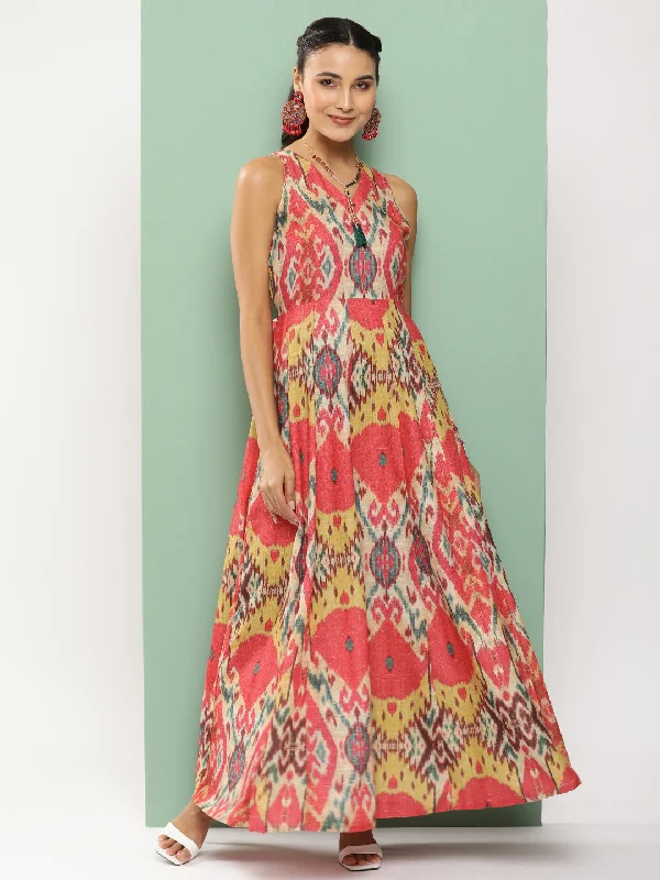 Women's Red Printed Long Dress With Waist Belt - Bhama