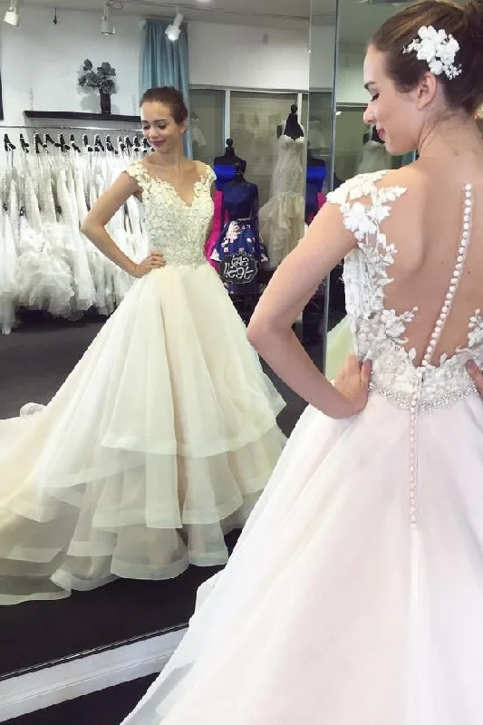 Illusion Neckline Lace Cap Sleeves Bridal Dresses with Tiered Skirt