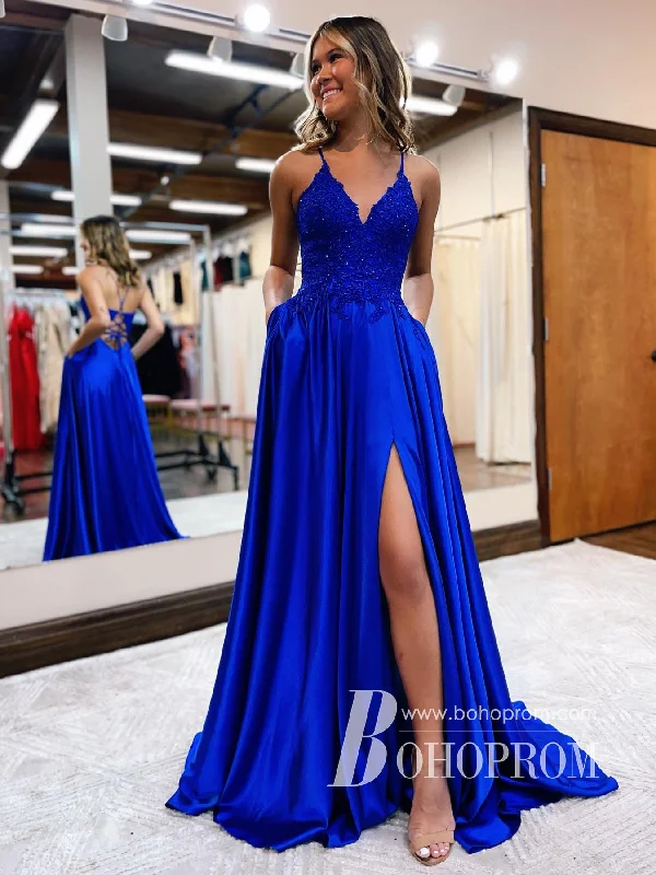Exquisite Satin Spaghetti Straps Appliques Prom Dress A-line Evening Dresses PD817