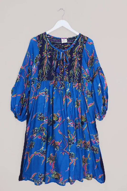 Daisy Midi Smock Dress - Vintage Cotton - Royal Blue Floral Reflections - Size L/XL