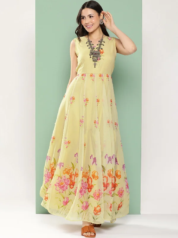 Women's Yellow Printed Long Dress V-Neck With Lace Details - Bhama