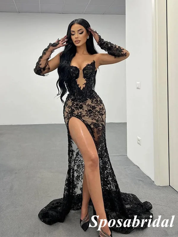 Sexy Black Tulle And Lace Sweetheart V-Neck Side Slit Mermaid Long Prom Dresses, PD3792 Sexy Black Tulle And Lace Sweetheart V-Neck Side Slit Mermaid Long Prom Dresses, PD3792