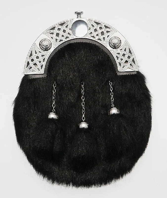 Full Dress Chrome Knot Interlink Sporran - Black Synthetic Fur