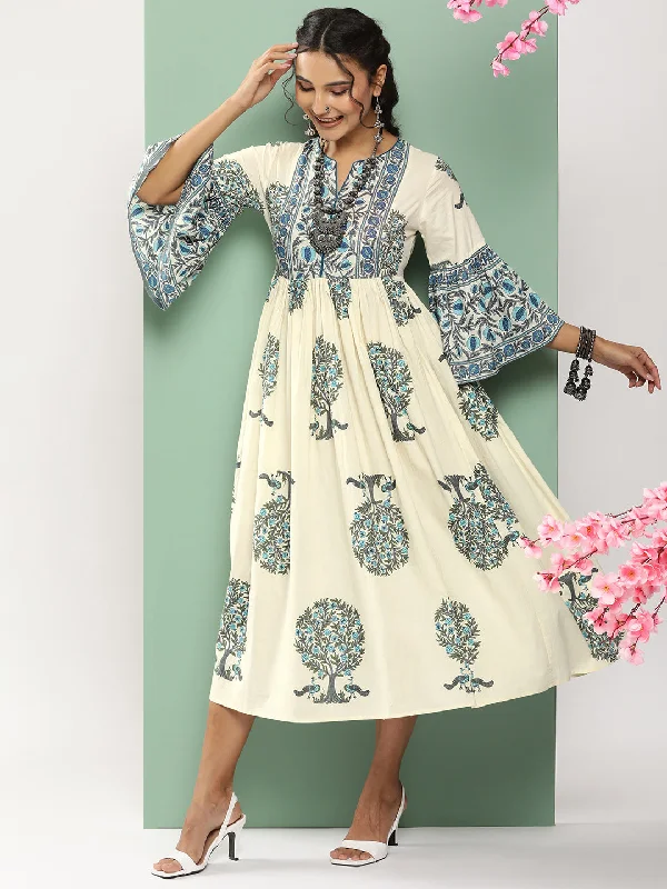 Women's Off-White Printed Long Dress With Waist Belt - Bhama