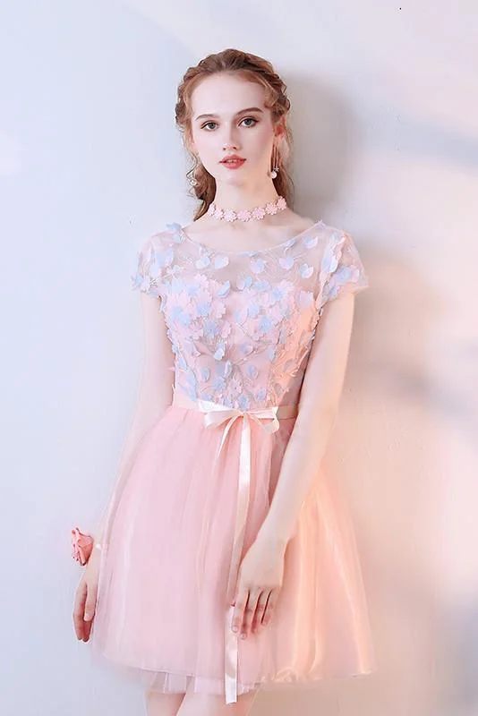 Pink A Line Tulle Cap Sleeves Short Homecoming Dresses With Flowers DMC59
