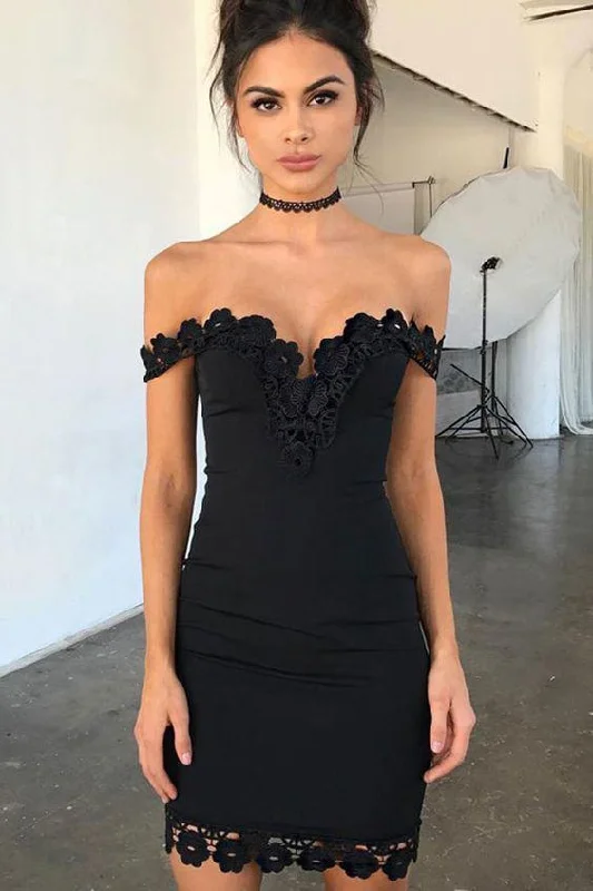 Sexy Sheath Off-the-Shoulder Short Black Homecoming Dress with Lace DMC39