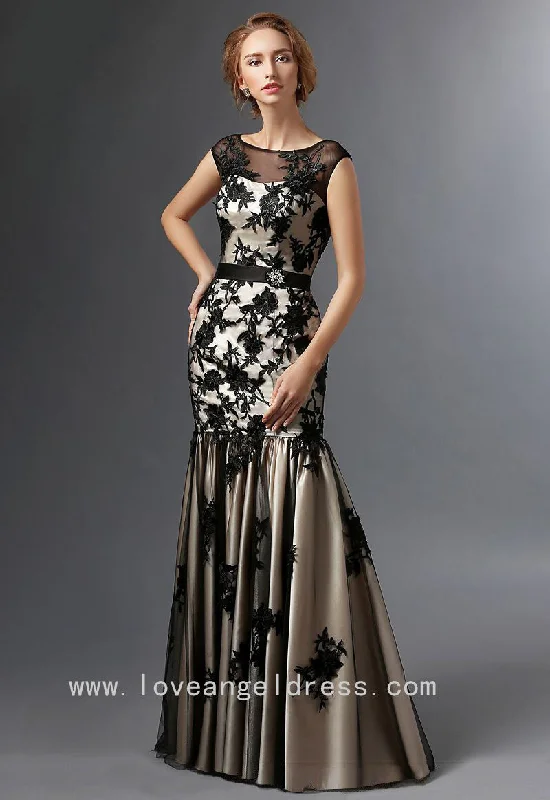 Illusion Boat Neck Black Floral Lace Mother of the Brides Dresses Cap Sleeves