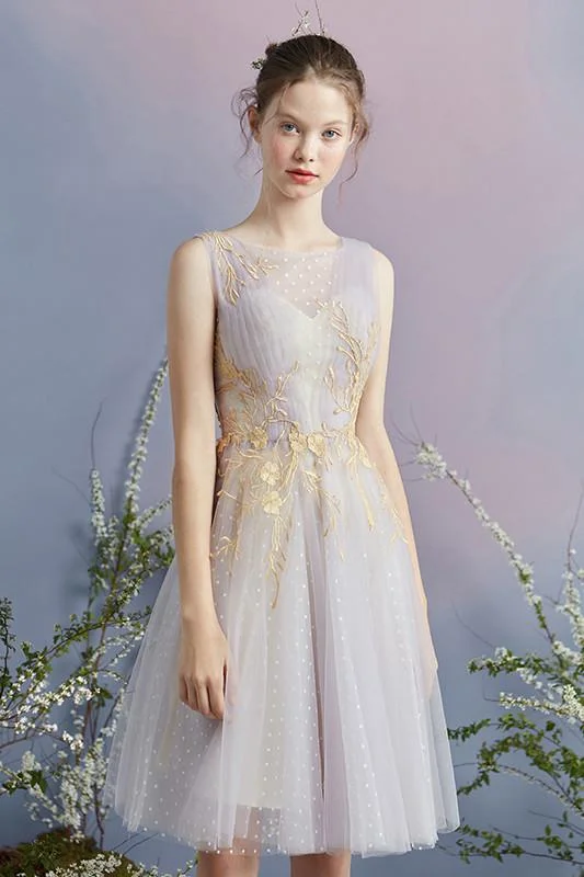 Elegant A Line Tulle Short Homecoming Dresses With Gold Appliques DMC53