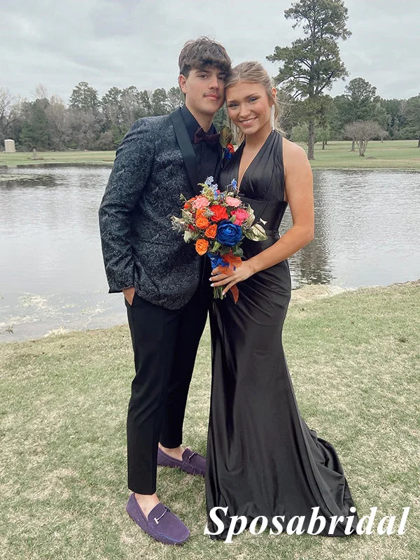 Sexy Black Soft Satin Halter V-Neck Sleeveless Side Slit Mermaid Long Prom Dresses, PD3848 Sexy Black Soft Satin Halter V-Neck Sleeveless Side Slit Mermaid Long Prom Dresses, PD3848