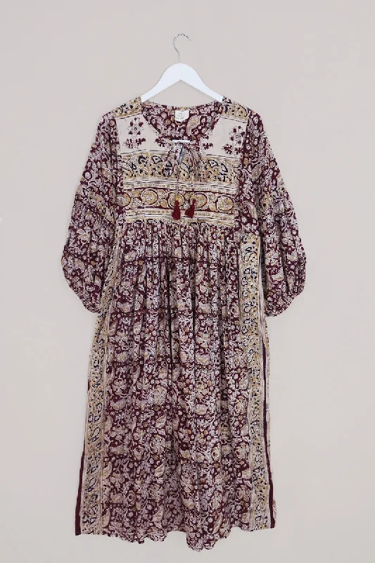 Daisy Maxi Smock Dress - Plum Purple Floral Block Print - Vintage Cotton - Size S/M
