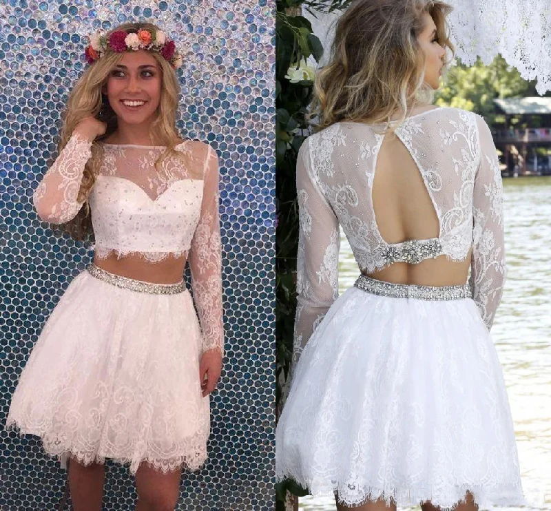 Two Piece Lace Short Long Sleeve Beading Open Back Homecoming Dress DMC19