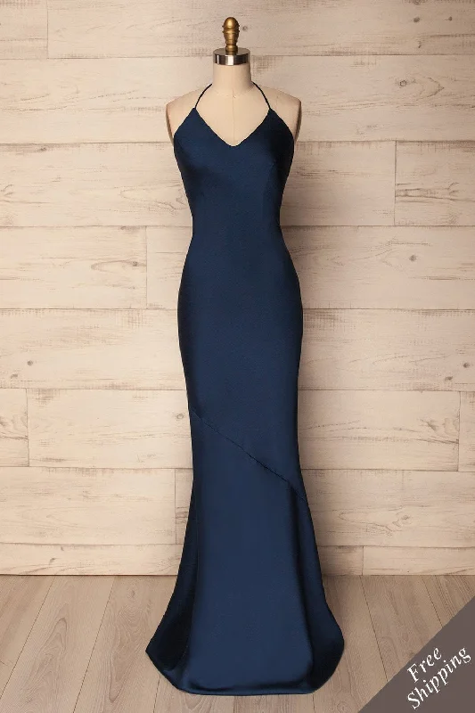 Jude Navy | Backless Silky Halter Dress
