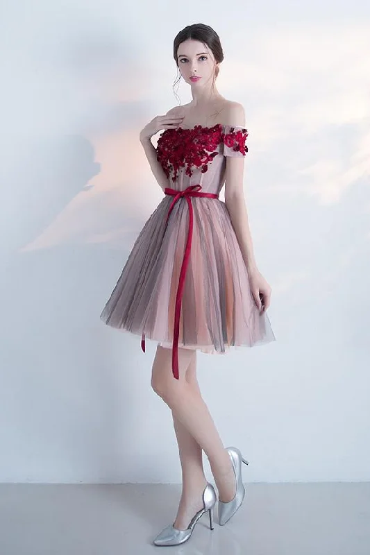 Elegant Off the shoulder Red Appliques A Line Homecoming Dress With Belt DMB56