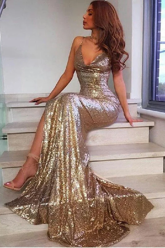 Mermaid Trumpet Sequins Spaghetti Sleeveless Open Back Straps Prom Evening Dress-333792